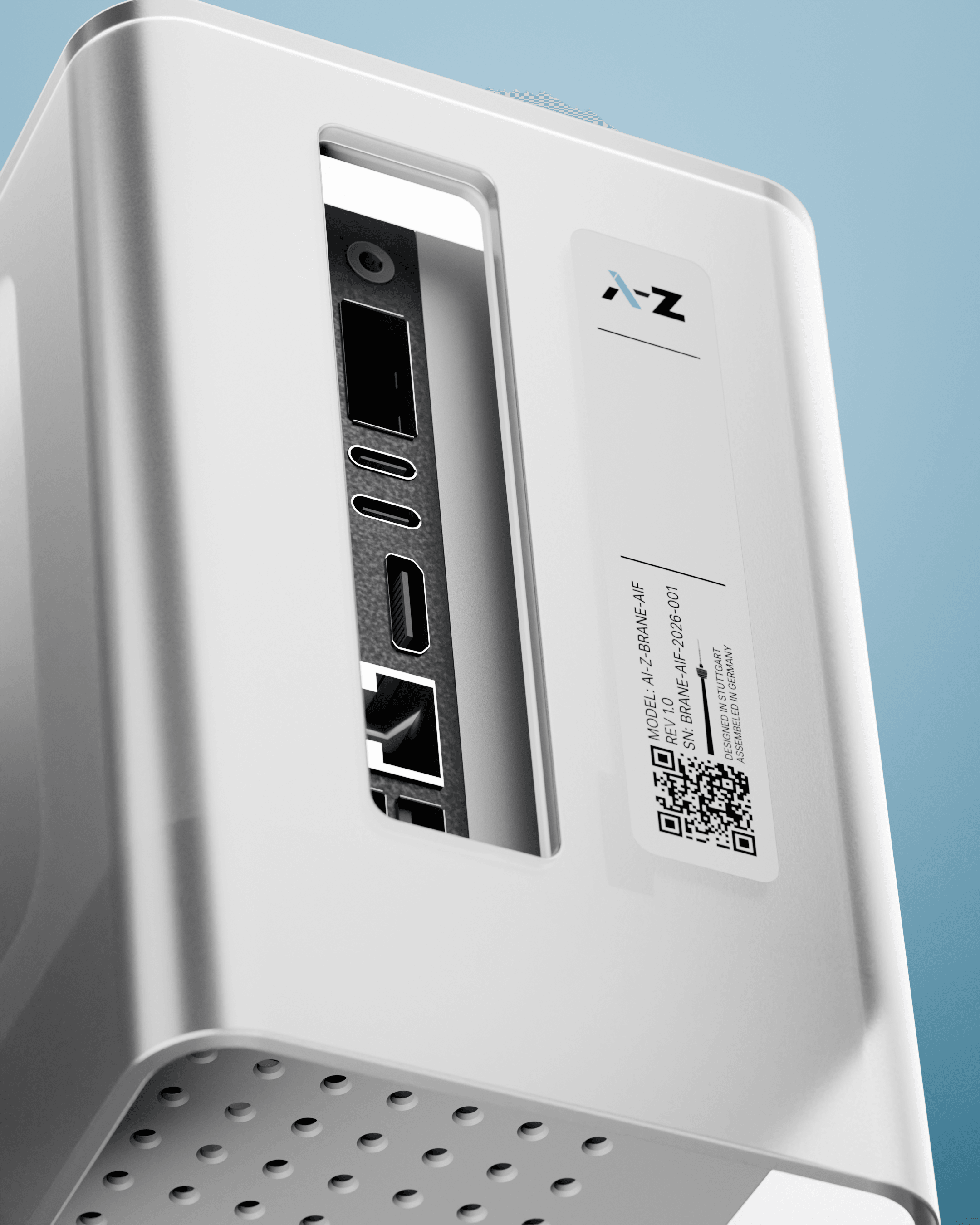 Brane-Ports mit A-Z-Label und QR-Code auf hellblauem Hintergrund